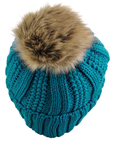 C.C Thick Cable Knit Faux Fuzzy Fur Pom Fleece Lined Skull Cap Cuff Beanie, Teal - Image 2