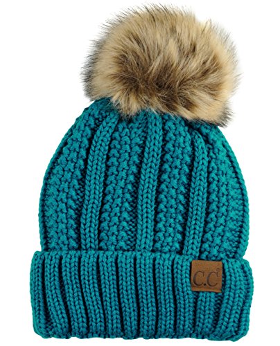 C.C Thick Cable Knit Faux Fuzzy Fur Pom Fleece Lined Skull Cap Cuff Beanie, Teal